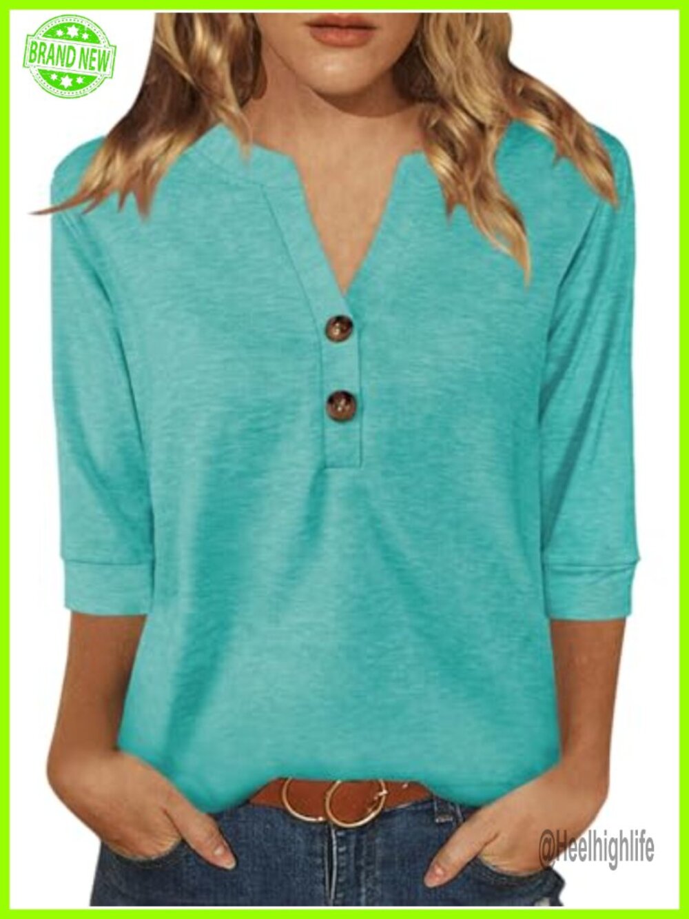 Womens 3/4 Sleeve V Neck Button Down Blouse Loose Fit Summer Top